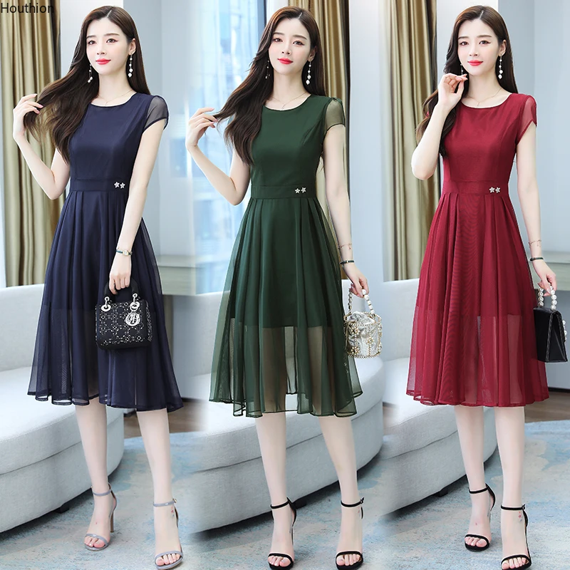 

Chiffon Loose Women Dress New Fashion Dresses O-neck Mid-length Short Sleeve Solid Color Gauze Summer Houthion