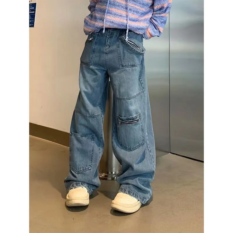 

American retro high street hip-hop multi-pocket washed tooling jeans male Y2K couple design sense loose all-match wide-leg pants