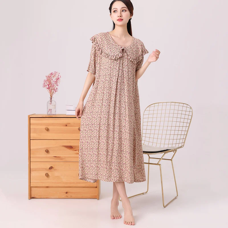 Summer Nightdress for Women Flower Short Sleeve Nightgowns Viscose Pajamas Home Clothing Sleepshirt Nightwear Big Yards Outwear