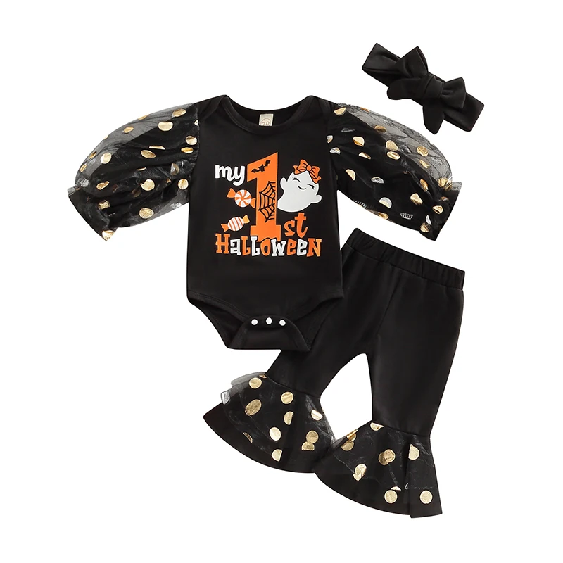 

Halloween Infant Girl Long Sleeve Romper + Pants + Hairband, Mesh Dots Patchwork Letter Ghost Print Holiday Clothing