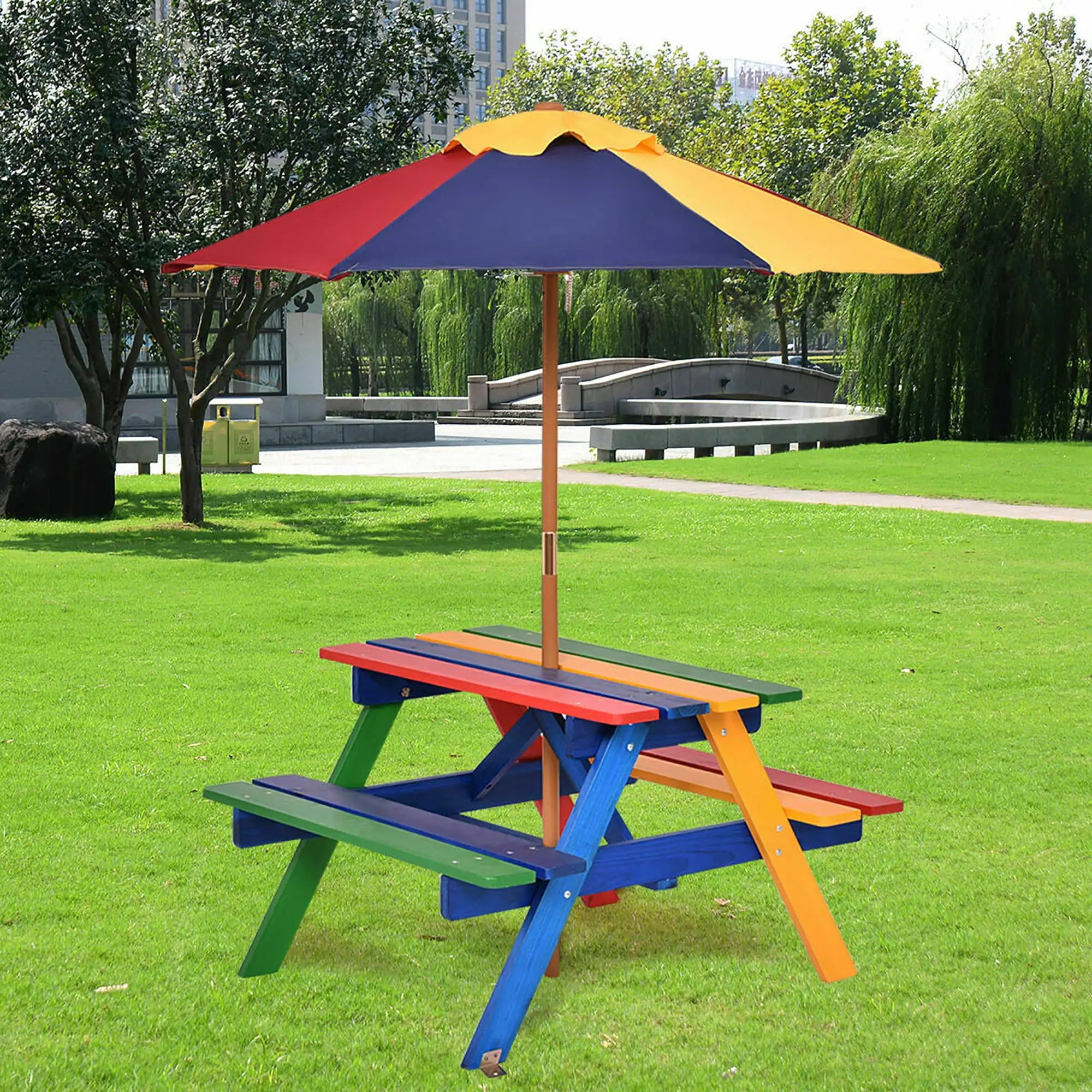 

Costway 4 Seat Kids Picnic Table w/Umbrella Garden Yard Folding Children Bench Outdoor