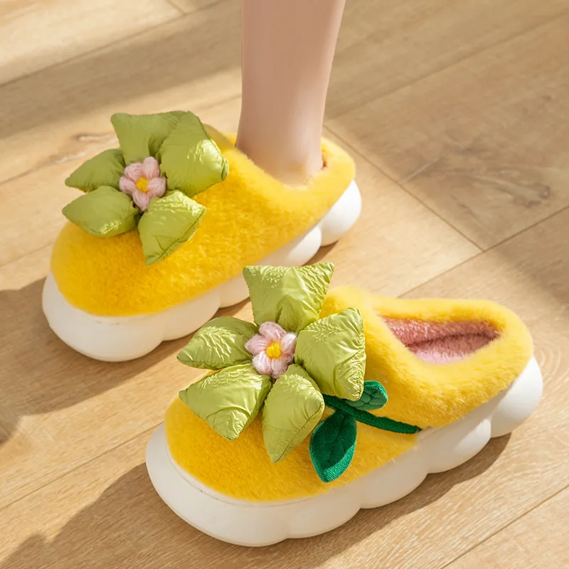 

Thick Bottom Floral Slippers Women's Indoor Chunky Shoes Woman Fluff Slippers Girls Fur Slides Womens Winter Home Bedroom Shoes