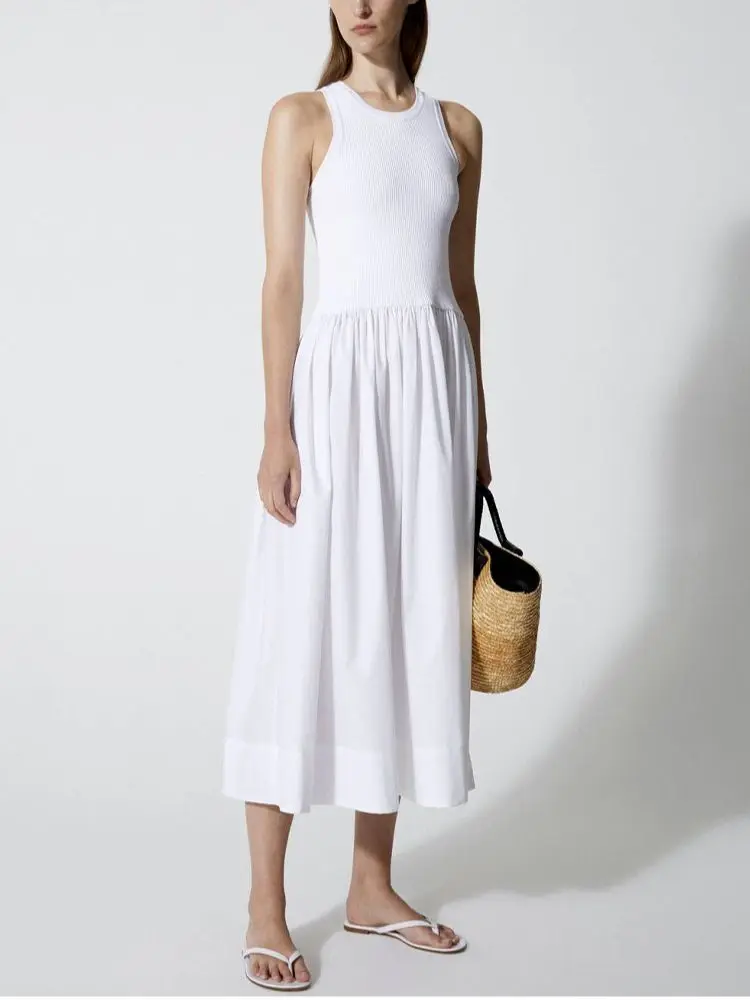 

Women Dress O-Neck Sleeveless Solid Color A-Line Simple Spring Summer Maxi Robe