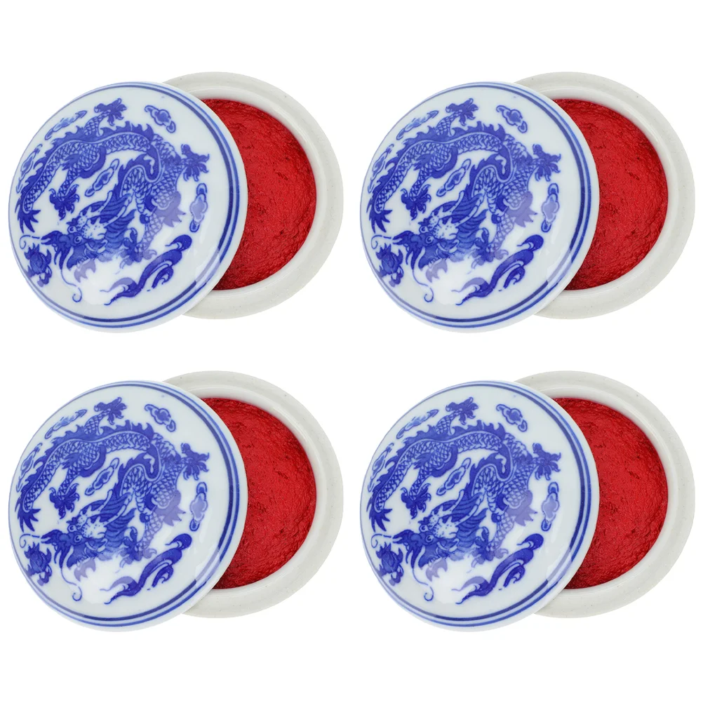 

4 Pcs Blue White Porcelain Inkpad Exquisite Calligraphy Red Water Color Painting Chinese Style Students Supply Artwork Stamp