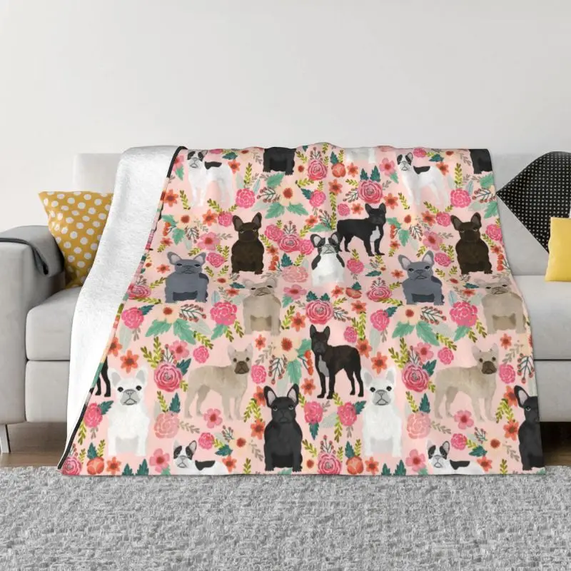 

Pet Dog French Bulldog Sofa Fleece Throw Blanket Warm Flannel Florals Frenchies Blankets for Bedroom Travel Couch Quilt