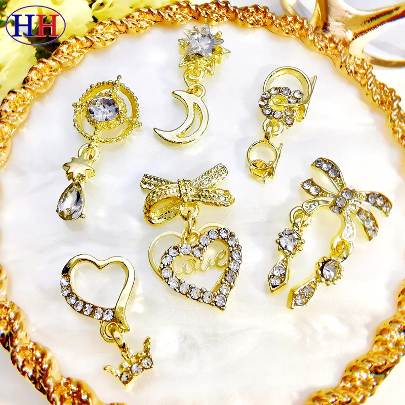 

10pcs 3D Fashion Bow Heart Alloy Nail Art Charms Star/Moon Gold Silver Zircon Nail Decorations DIY Manicure Rhinestones Ornament
