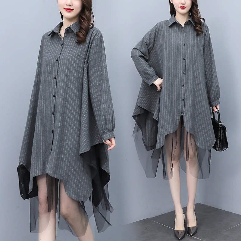 

Свободное Сетчатое платье-рубашка в полоску для женщин, дамские блузки, Blusa 2022, весеннее приталенное повседневное женское платье с большим э...