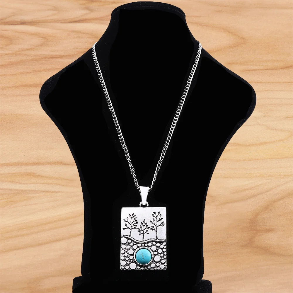 Тибетское серебряное большое прямоугольное дерево и искусство на длинной цепочке ожерелье Lagenlook 34 дюйма для женщин и мужчин подарок