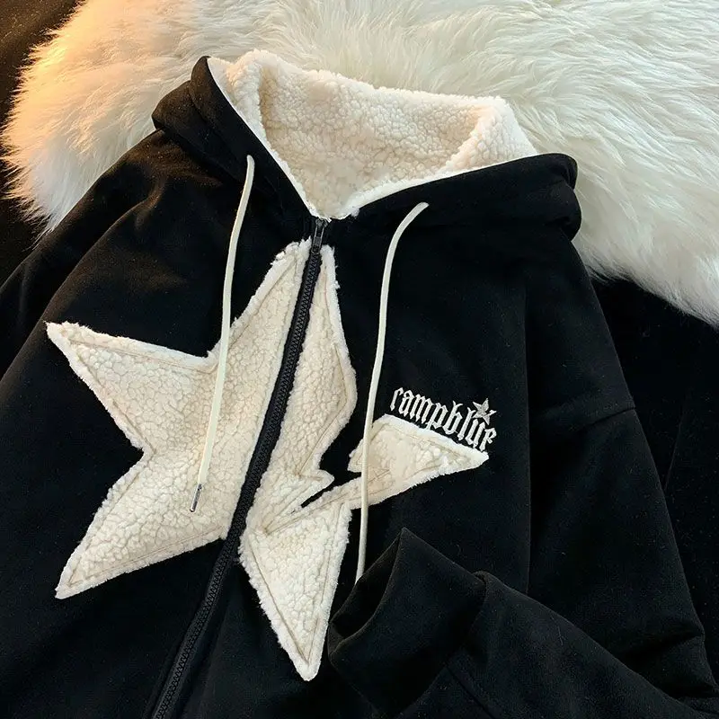 

Japanese Harajuku style five-pointed star lamb velvet hooded cotton coat female Y2K autumn and winter warm college wind jacket