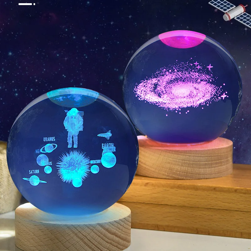 Creative 6cm 8cm Solar System Planet Crystal Ball Night Light 3D Laser Engraved Galaxy Moon LED Light Home Decorations Kids Gift