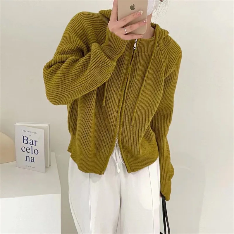 

Свитер с капюшоном и двойной молнией, пальто, женская новинка на осень и зиму, мягкий восковой вязаный кардиган, толстое пальто