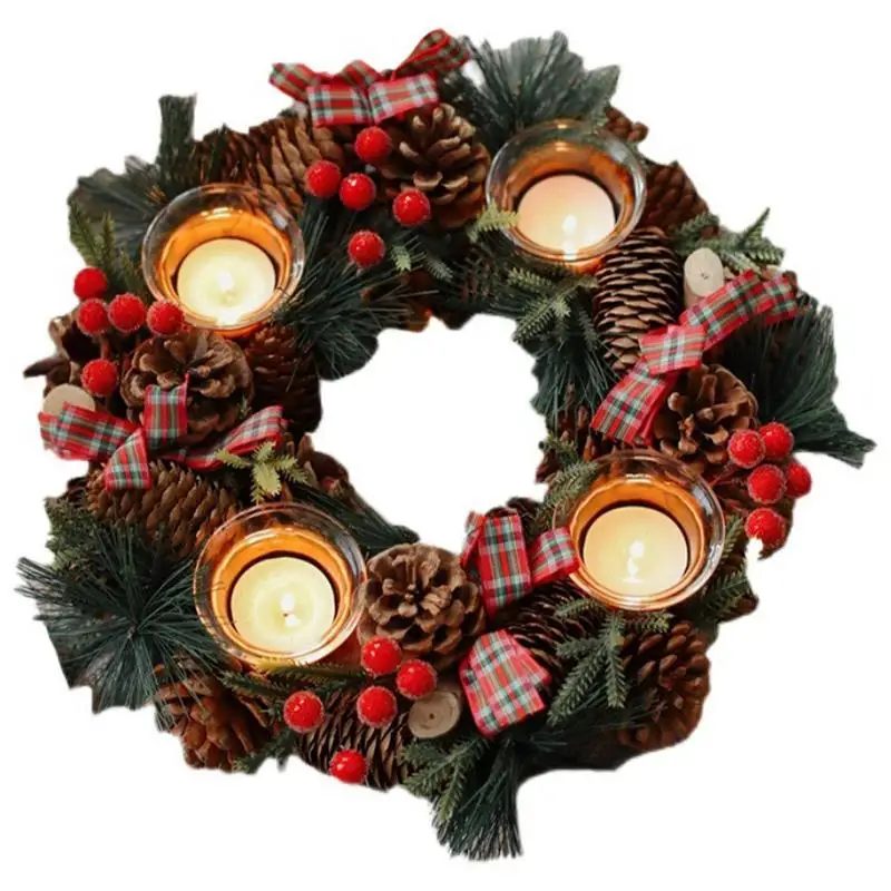 

Christmas Candle Holders Decor Tealight Holder Christmas Wreath with Votive Candle Holders Red Berry Pinecone for Christmas Deco