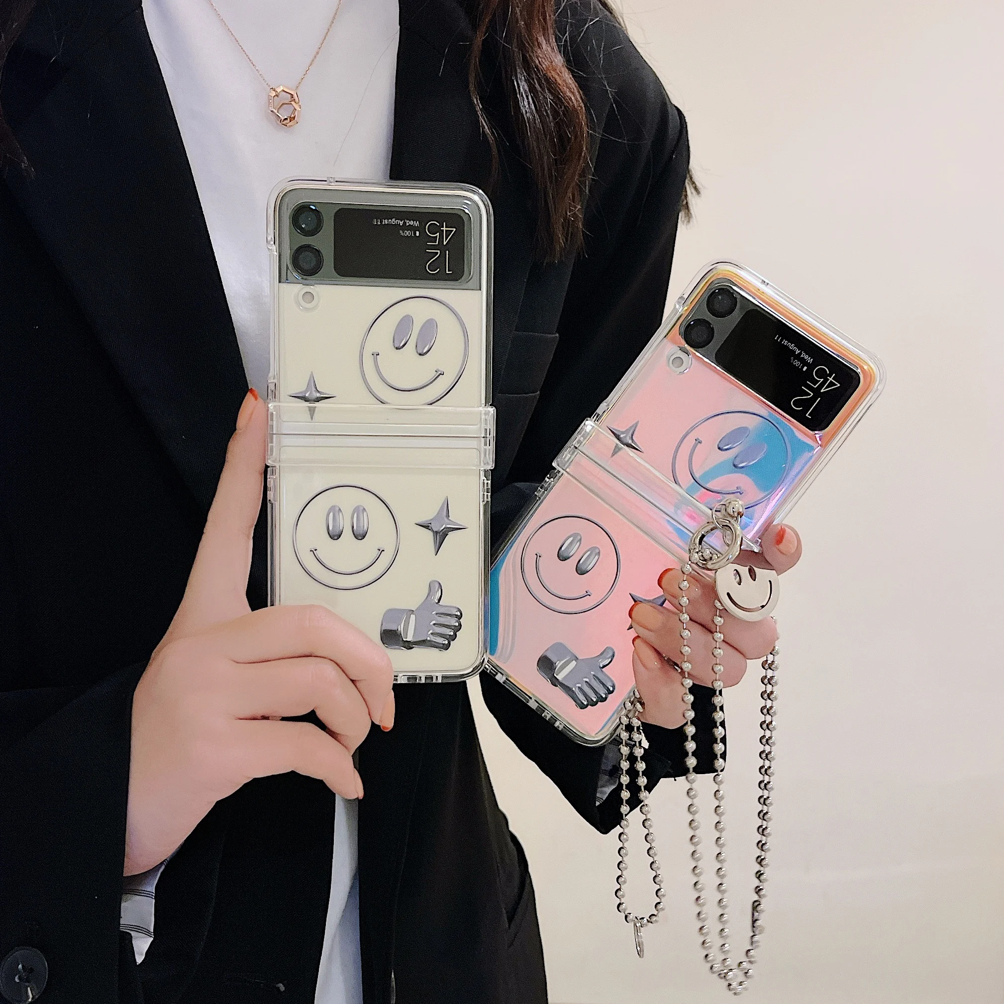 

For Samsung Z Flip 3 5G Case Pearl Bracelet Phone Case for Galaxy Z FLIP 3 5G Transparent Smile Shell Soft Protective Back Cover