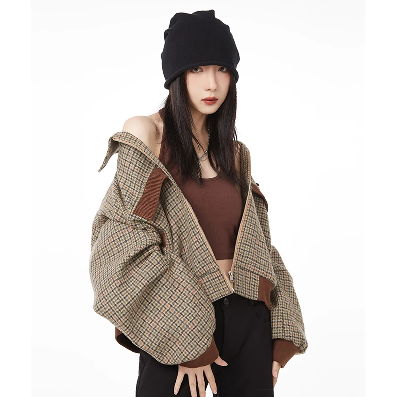 

Women Khaki Jacket Outwear Lattice Contrasting Colors Fashion Vintage Leisure Zipper Short Long Sleeves Coat Tops Winter