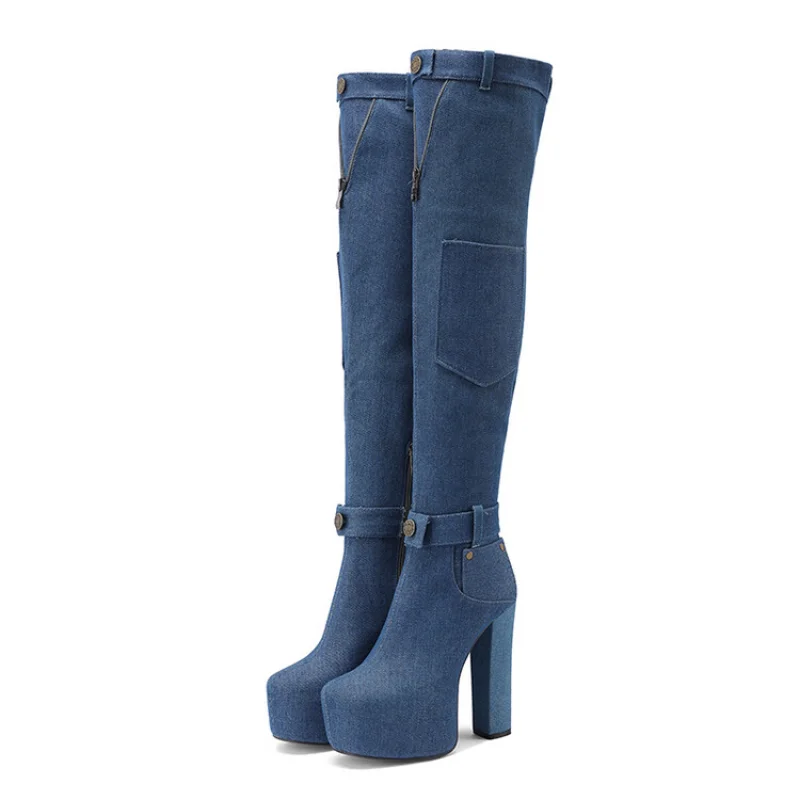 

2023Slim Plus Size Thigh-high Boots Chunky Heels Over The Knee Children's High-heeled Round Toe Cowboy Boots A-0031