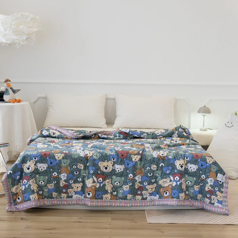 

200x230cm Summer Quilt Cartoon Bear Washed Cotton Air Condition Thin Blanket Soft Print Bedspread Bed Cover King Size Comforter