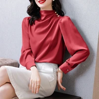 autumn women blouse silk solid top for office lady folds stand neck clothing woman button up long sleeve top basic blouse women