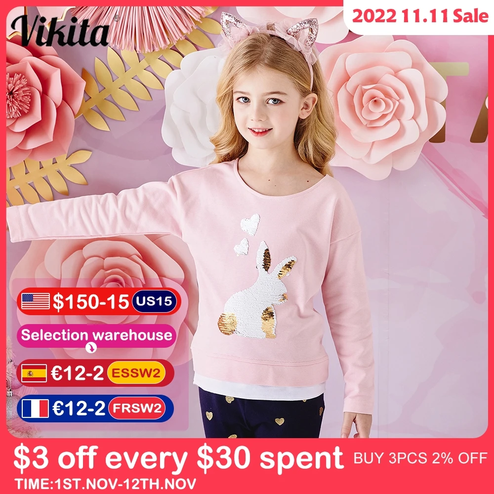 

VIKITA Girls Tops Long Sleeve Clothes Girl Sequins Clothing Autumn Spring Cartoon Sweatshirt Children Cotton Costumes Outfits