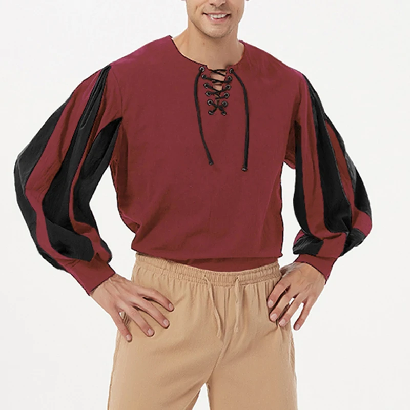 

Retro Long Sleeve Loose Bandage Knight Shirt Medieval Drama Performance Costume Shirt Men's Color Matching Stripe Vintage Tops