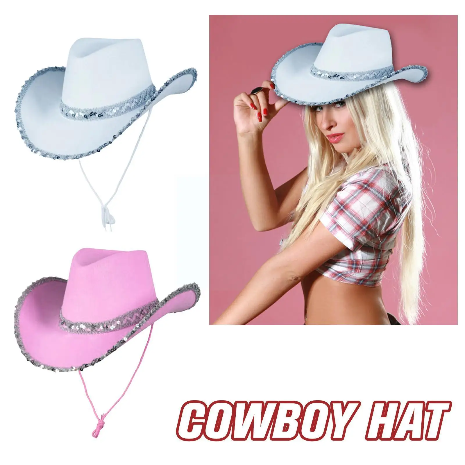 

Женская Ковбойская шляпа с серебристыми полями, розовая ковбойская шляпа большого размера с блестками и окантовкой, модные аксессуары для ...