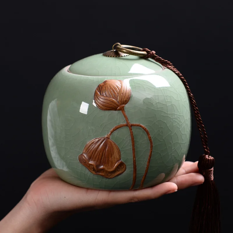 

Creative Crack Lotus Ceramic Jar Sealed Tea Jar Coffee Candy Tank Retro Porcelain Storage Tank Crafts Desktop Living Room Decor