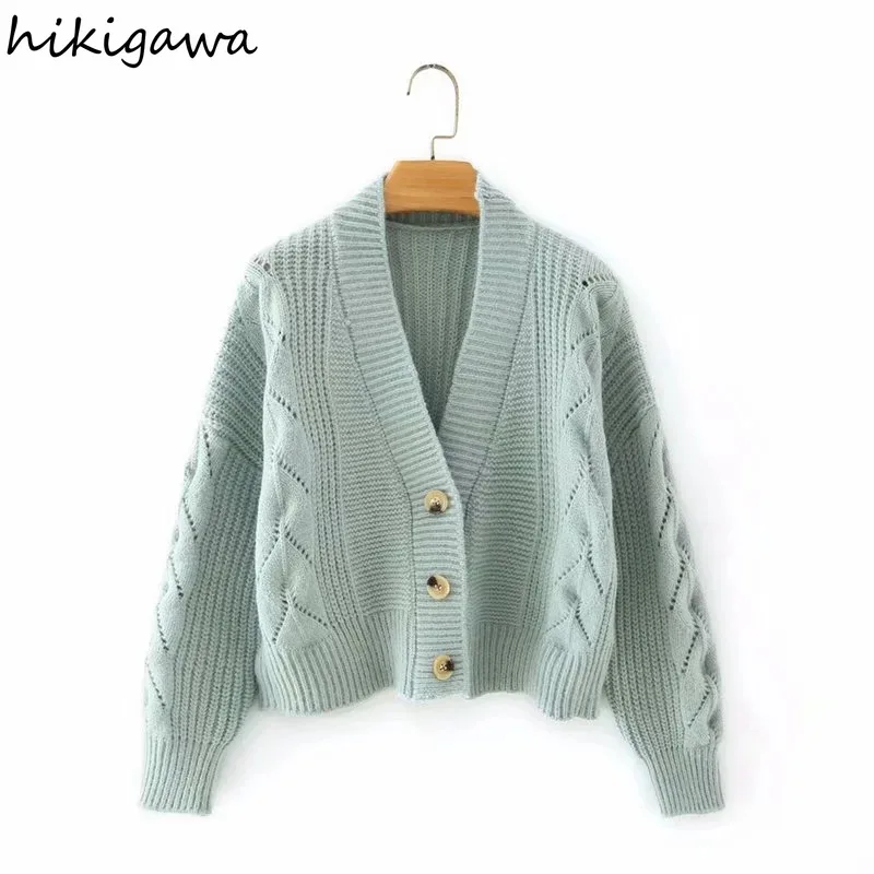 

Hikigawa Women Cropped Cardigans Vintage Solid Single Breasted V Neck Long Sleeve Knitted Coats Female Chic Fashion Tops