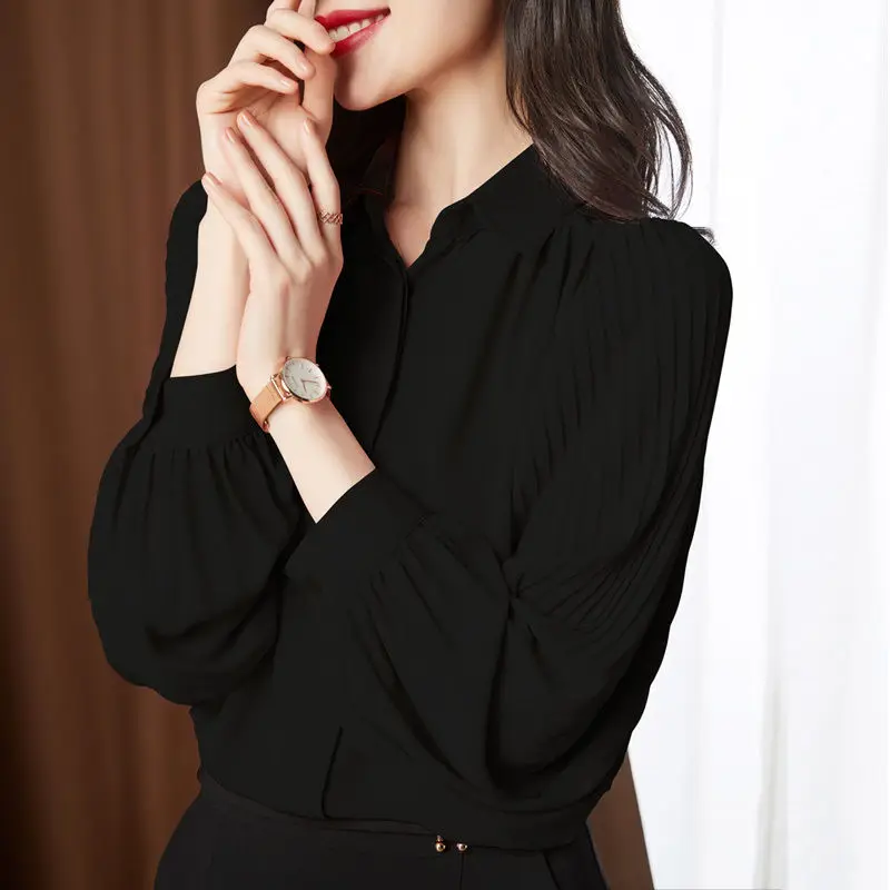 Women Lantern Sleeve Solid Turn-down Collar Temperament Office Lady Shirts 2023 Spring New Shoulder Fold Button Loose Blouses