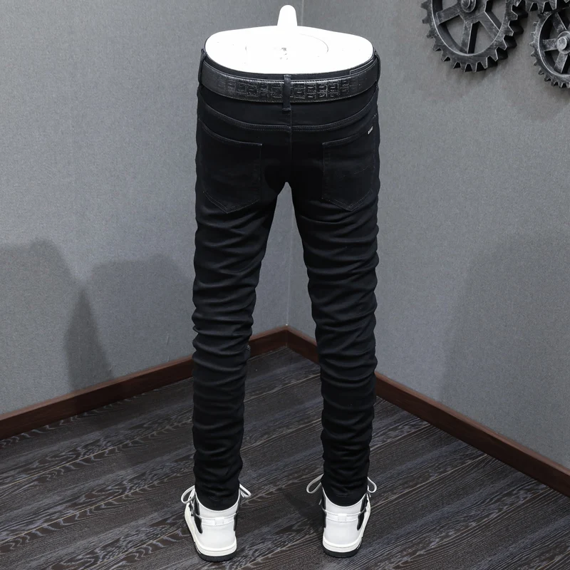 Street Fashion Men Jeans High Quality Black Stretch Skinny Ripped Jeans Men Beading Patched Designer Hip Hop Brand Pants Hombre