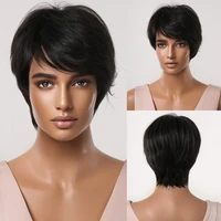 short straight wigs black synthetic wigs with pixie cut bangs for black women cosplay party natural hair wig heat resistant
