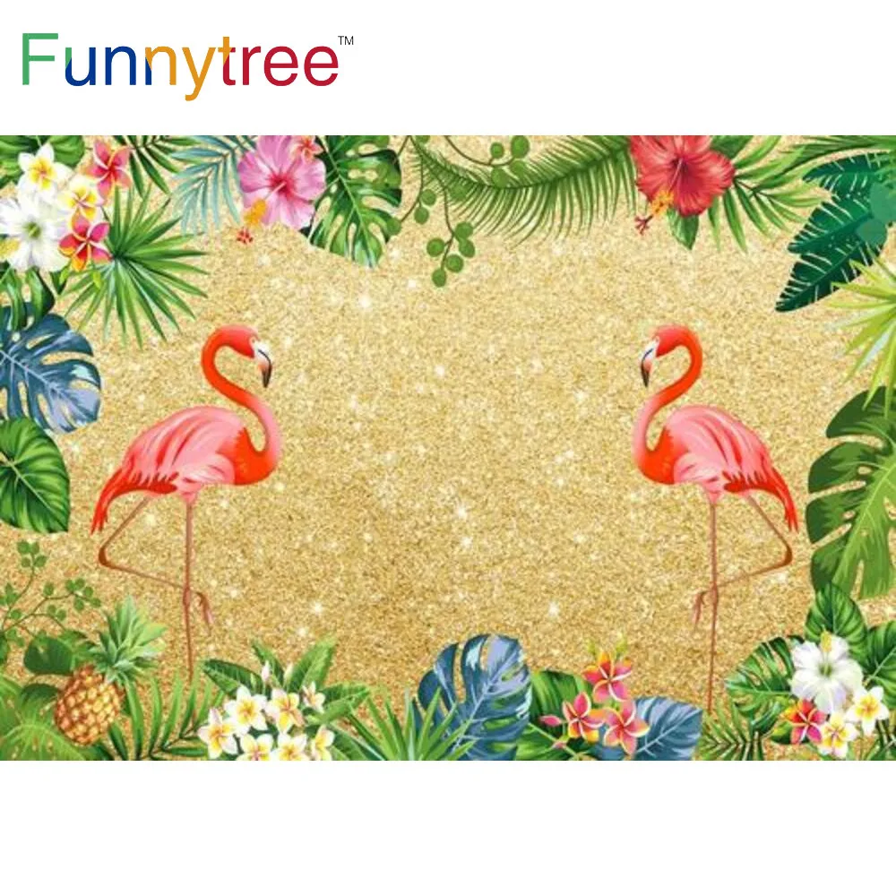 

Funnytree Tropical Summer Flamingo Backdrop Golden Leaves Flowers Glitter Baby Shower Aloha Decor Banner Photozone Background