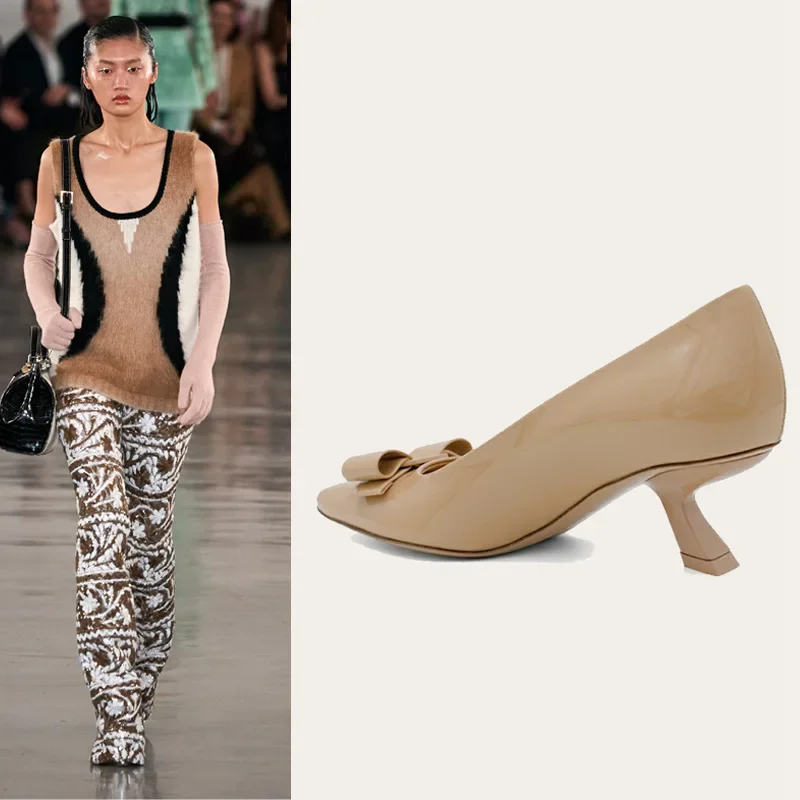 Французские туфли-лодочки из лакированной кожи с квадратным носком и бантом