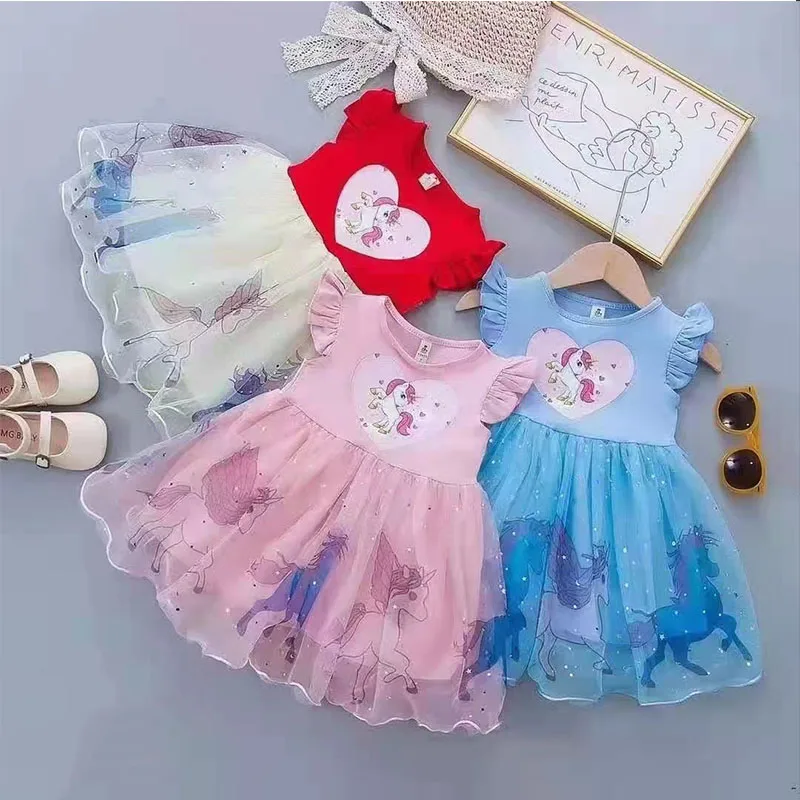 

Summer New Girls Dress Cartoon Unicorn Children's Clothing Princess Petal Sleeve Holiday Party Toddler Dresses for Girls EY12253
