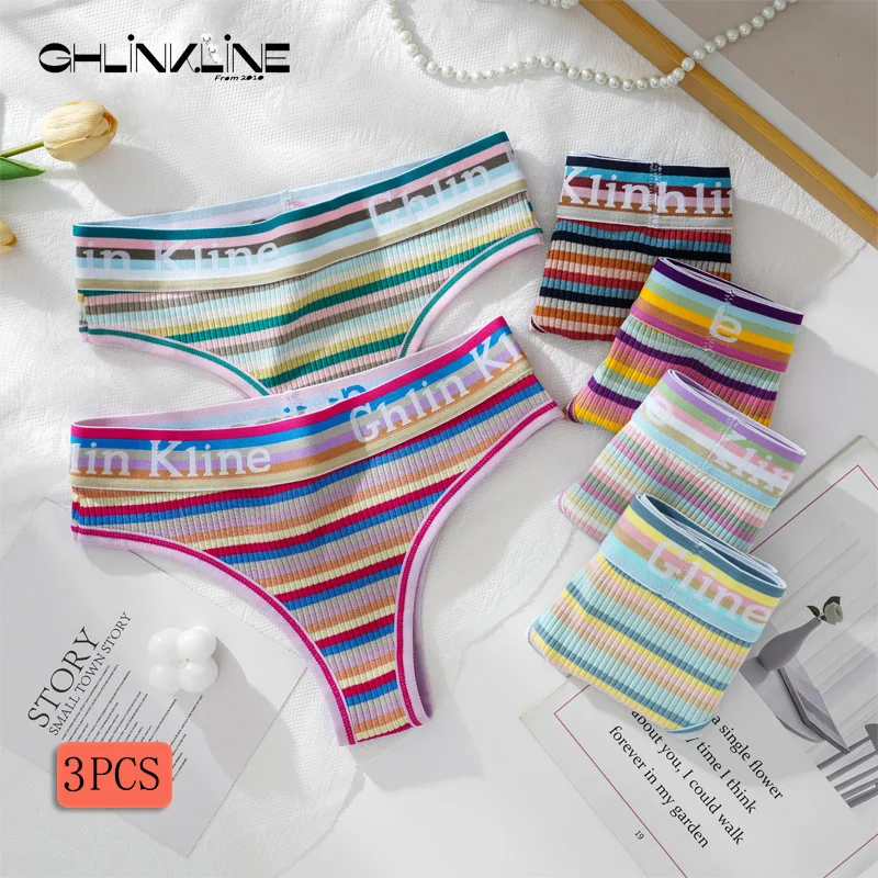 Womens Underwear High Quality Letter Belt T Panties Elastic Women´s Cotton Panties Colorful Stripped Feminine Lingerie