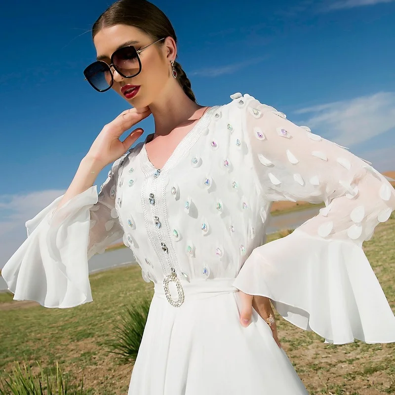 White Muslim Dress Women 2022 Ruffle Sleeve Chiffon Eid Mubarak Evening Party Maxi Long Dress Arabic Turkish Islamic Clothing