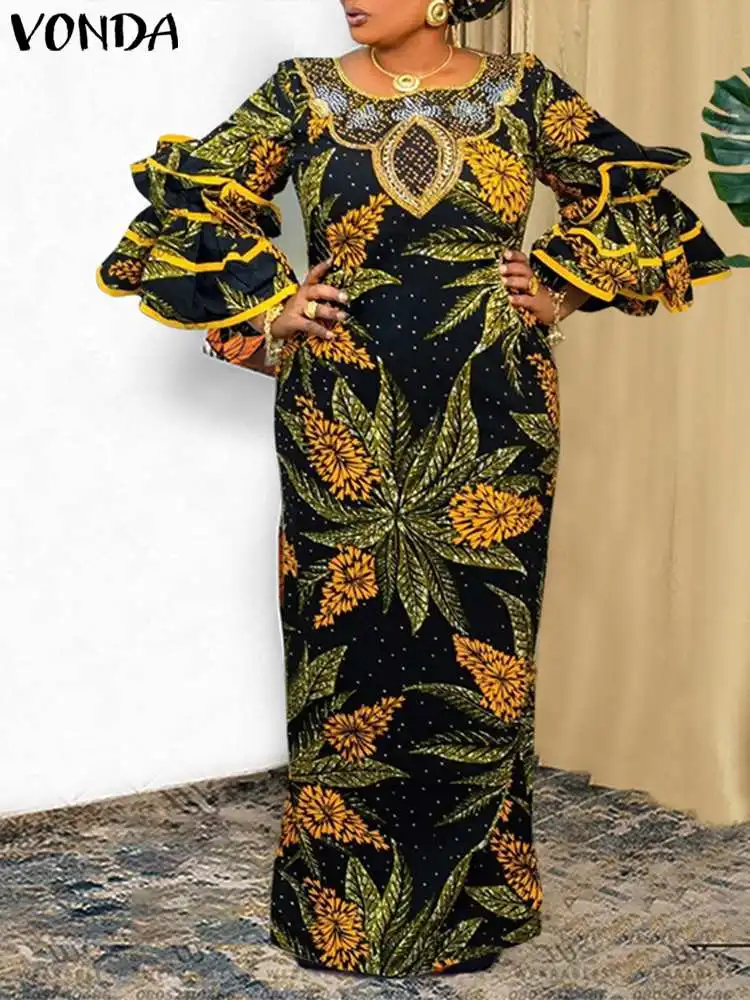 

Women Bohemian Party Dress VONDA 2022 Autumn Flare Sleeve Vintage Printed Maxi Long Sundress Casual Loose Holiday Robe Femme