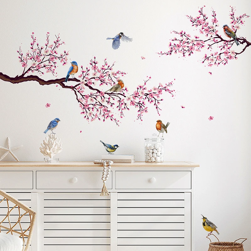 

Pink Peach Blossom Flowers Branch Birds Floral Wall Stickers for Bedroom Living Room Furniture Background Wall Decals Murals pvc