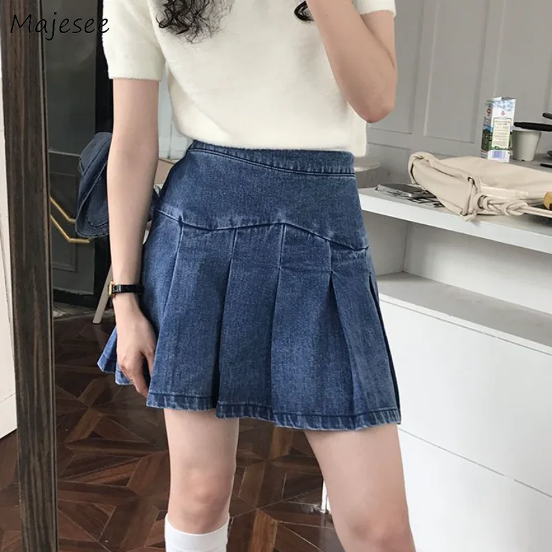

Юбка женская джинсовая Плиссированная, однотонная универсальная мини-юбка с завышенной талией, в Корейском стиле, для студентов, летняя