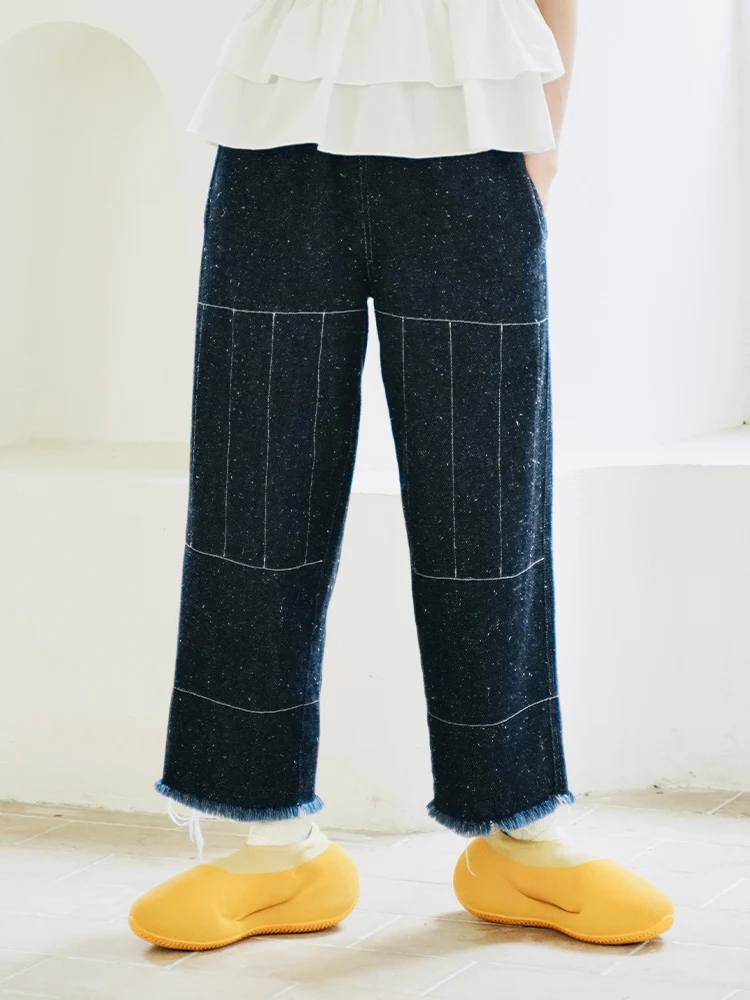 imakokoni original 2022 early autumn washed denim raw edge wide-leg pants loose long pants women's Blue tassel jeans