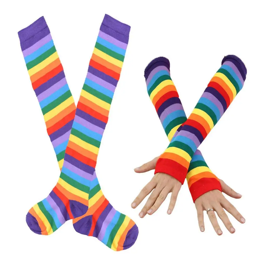 Женские радужные облегающие чулки до бедра в полоску митенки двойного