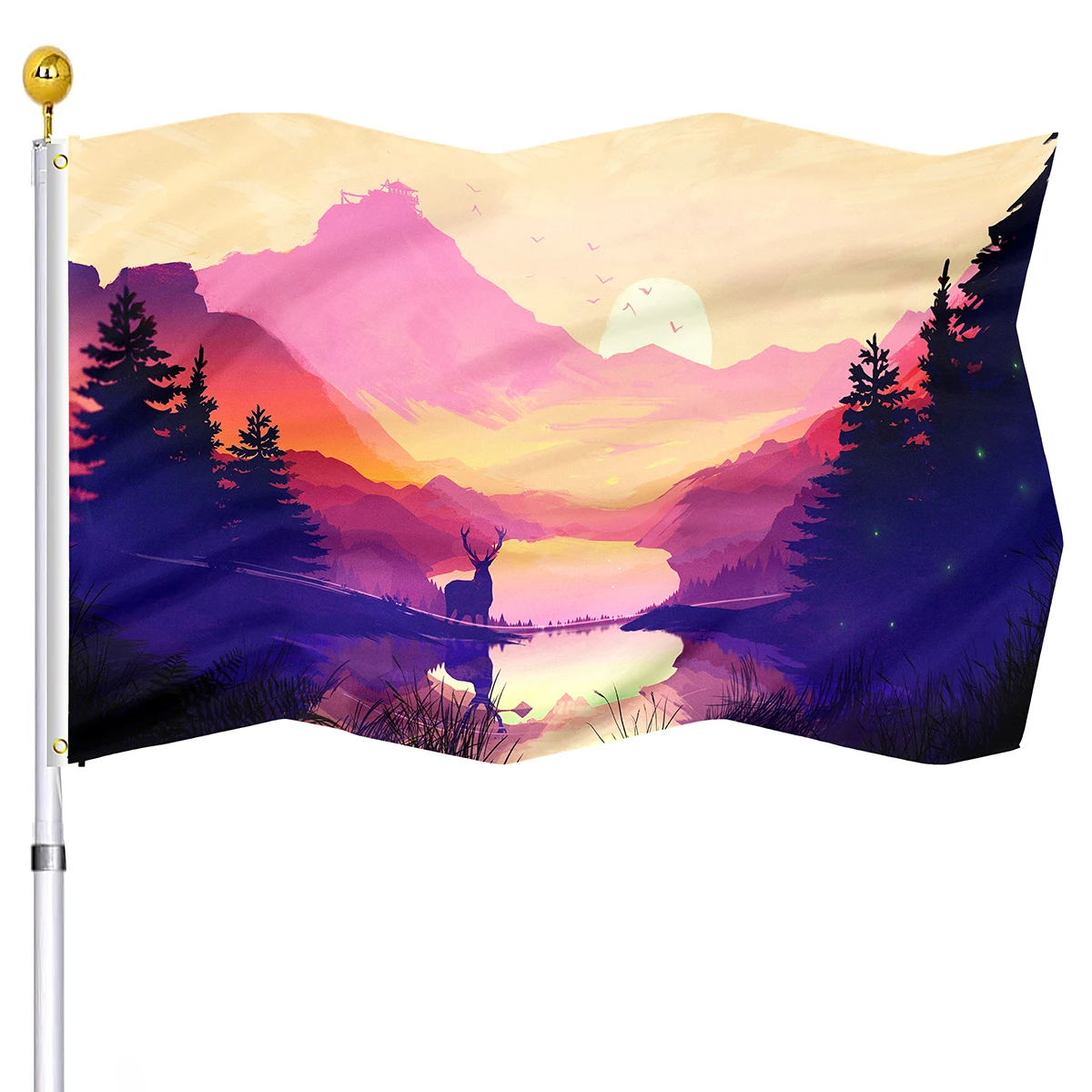 

Fantasy Forest Flag Deer Vivid Color Minimalist Artwork Double Stitched Flags Banners Polyester with Brass Grommets House Decor