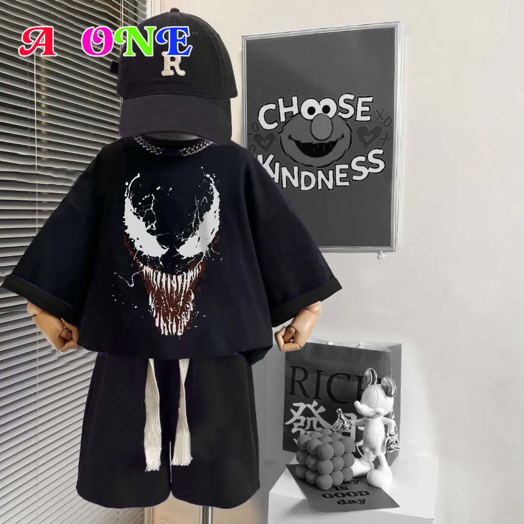 

summer baby boys cartoon set clothes kids suit clothing t-shirt + shorts 2 pcs set fashion Venom character clothes 2-12yrs