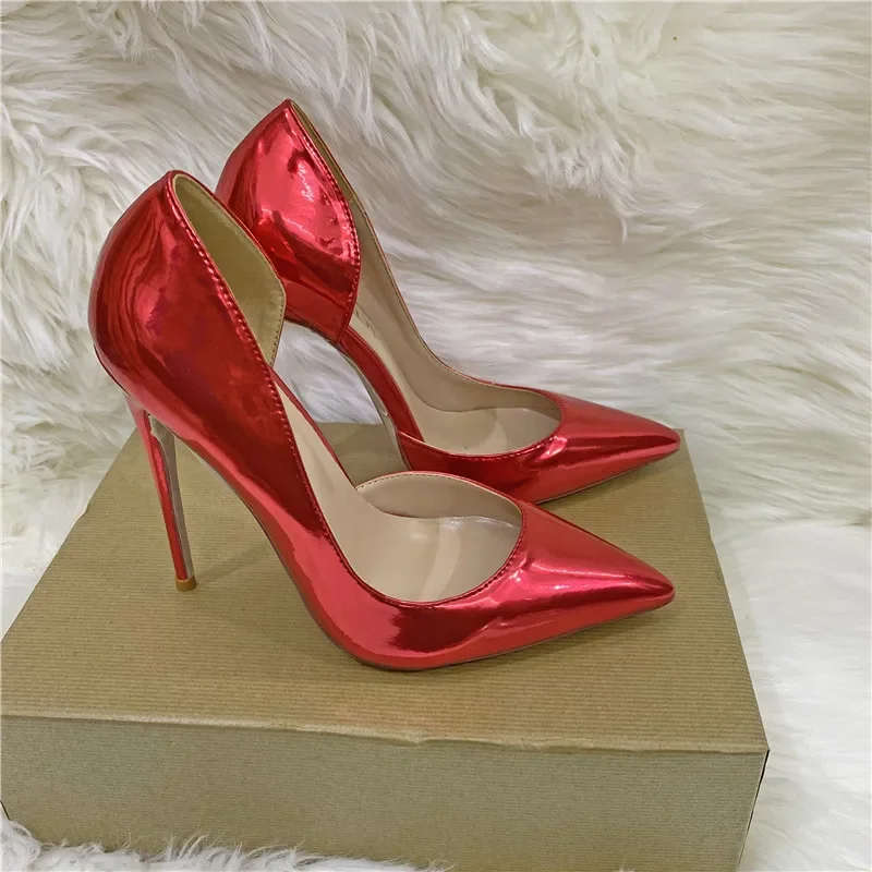 

Women Shiny Patent Pointy Toe High Heel Wedding Party laser Shoes Solid Red Blue Stiletto Pumps Colors Customize