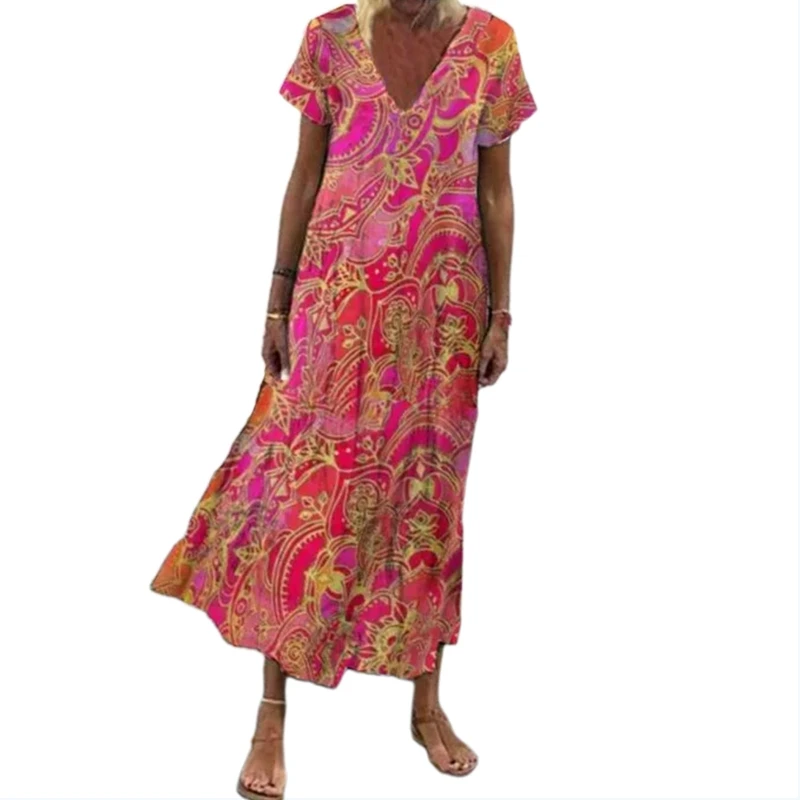 

Women Short Sleeve V-Neck Boho Floral Print Loose Flared Midi Long Swing Dress