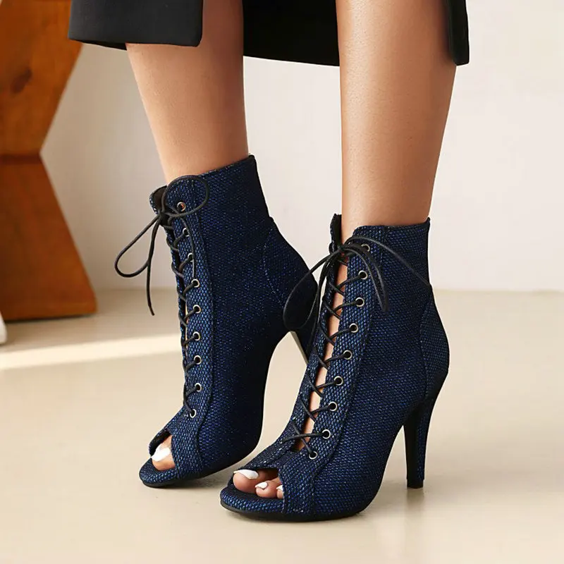 

Glitter Sparkling Peep Toe Sexy Stripper Heels Lace-up Navy Blue Olive Leopard Print Shoes Summer Women Ankle Boots Sandals