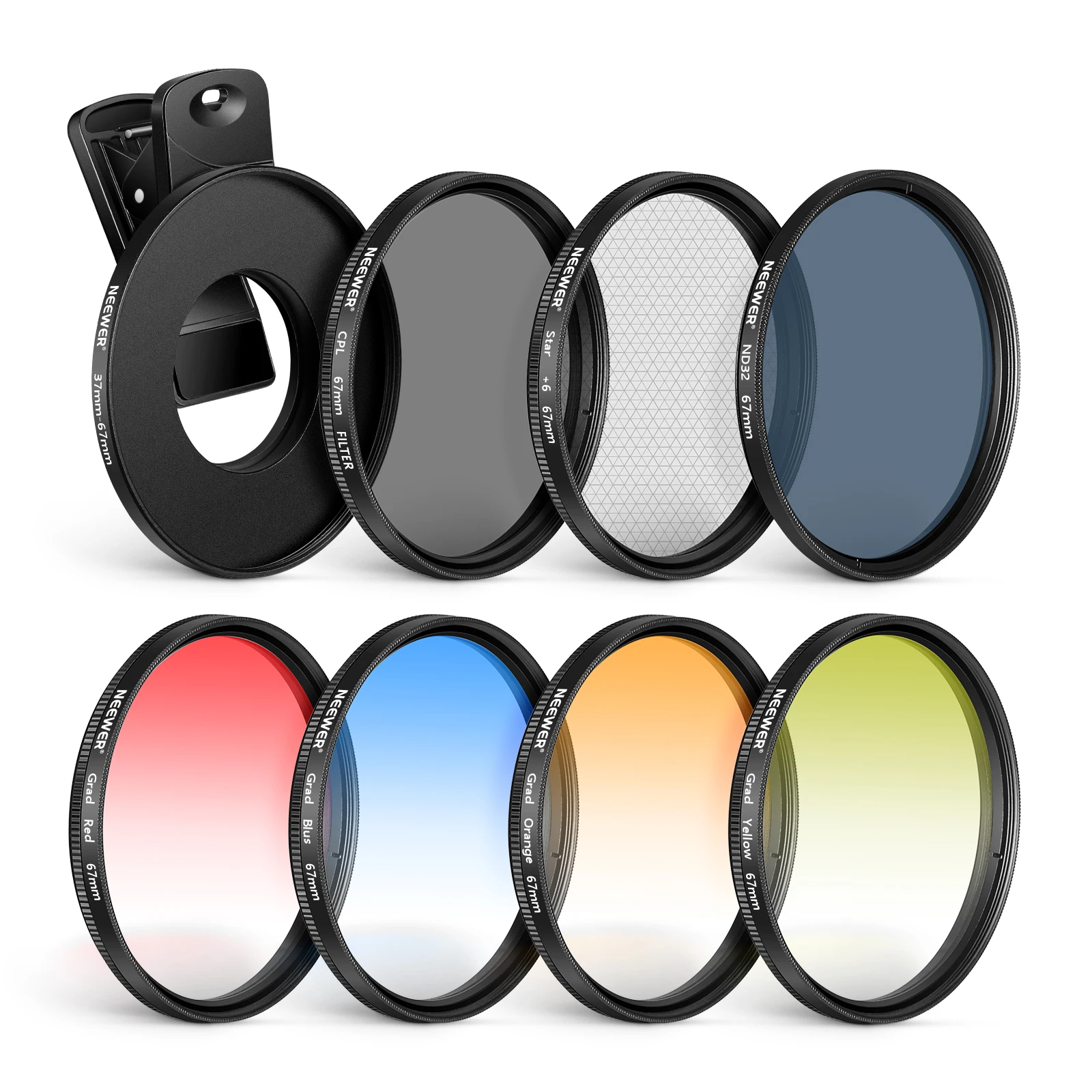 

NEEWER 67mm Lens Filter Kit with Phone Lens Clip, CPL, ND32, 6 Point Star Filter, Graduated Filters (4 colors)