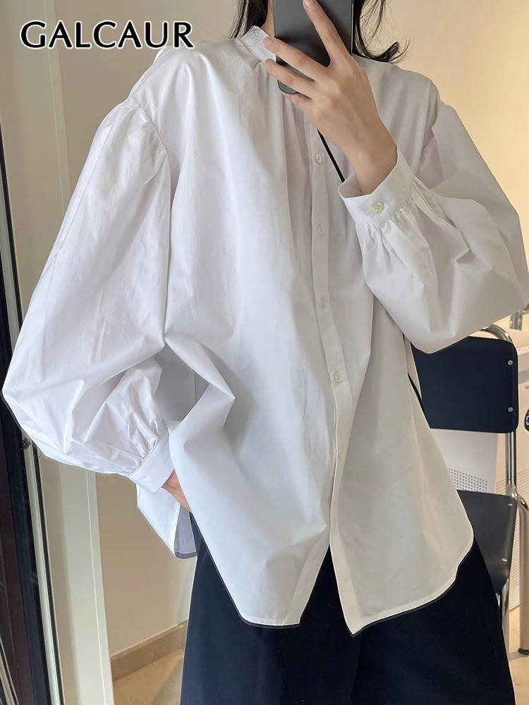 

GALCARE Loose Casual Pink Shirt For Women Stand Collar Long Sleeve Solid Minimalist Button Through Blouse Female Clothing Style