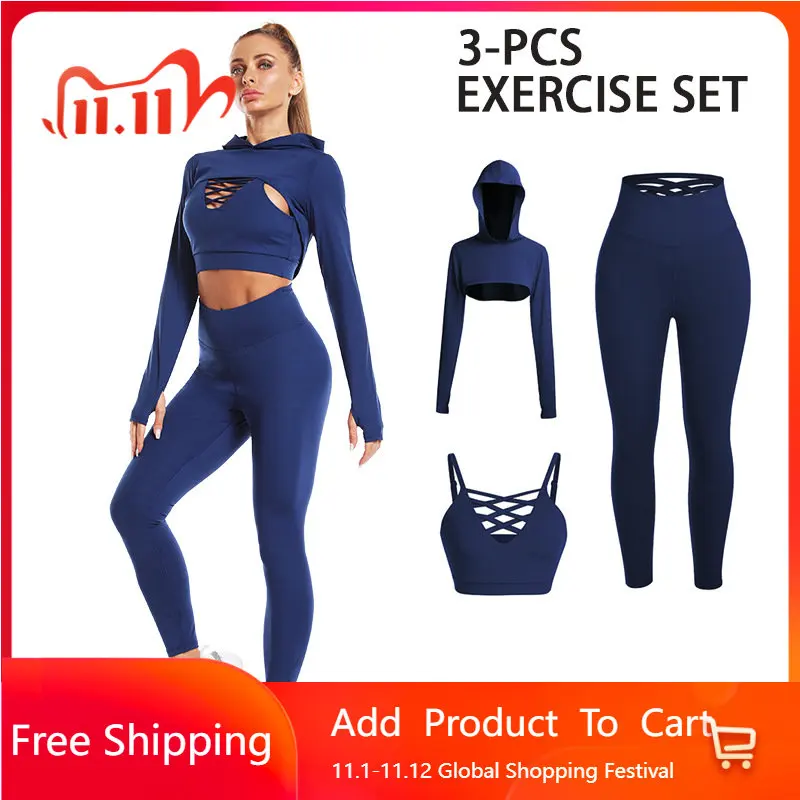 

New Cross-border Yoga Suit Fitness Outdoor Running Hip-lifting Waist Pants Sports Three-piece Suit Gym Set Women Gym Set Women
