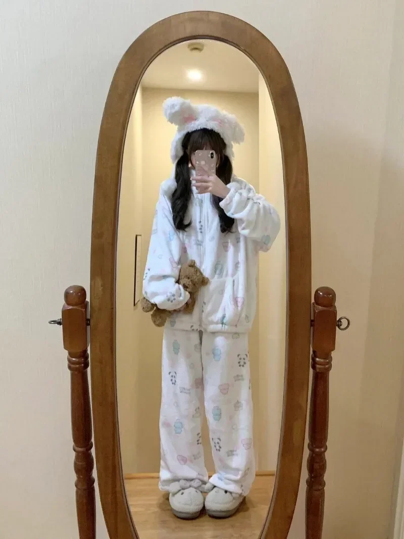 Японская коралловая бархатная флисовая пижама из двух предметов женская одежда