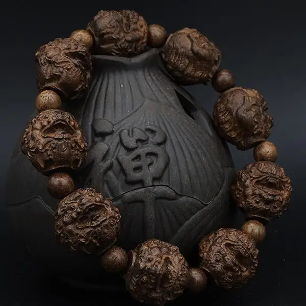 9pcs Blackwood Carved Pixiu Bracelet Eaglewood the Eighteen Disciples of the Buddha Beads Bracelet for Men and Women wood beads