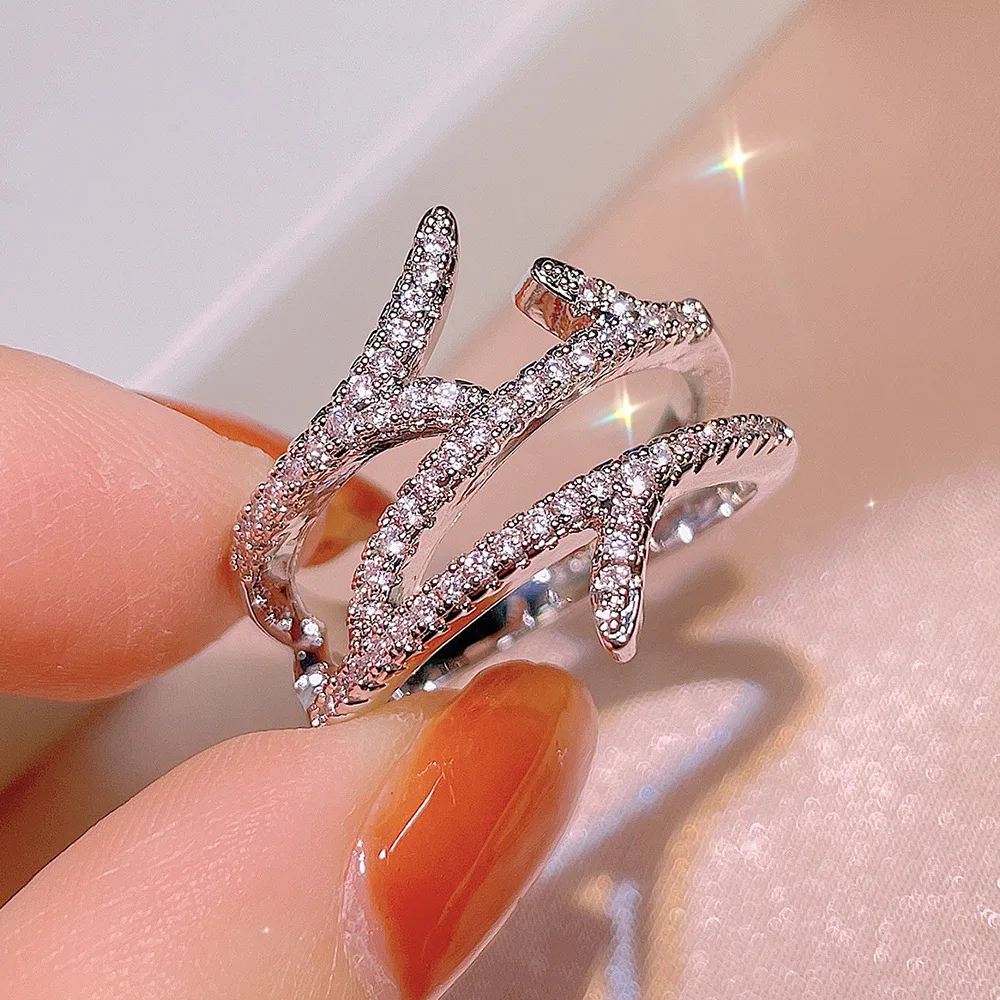 

Women's 925 Silver Color Rings Exquisite Eternity Bands For Female Bling Micro Set Cubic Zirconia Tail Ring Jewelry